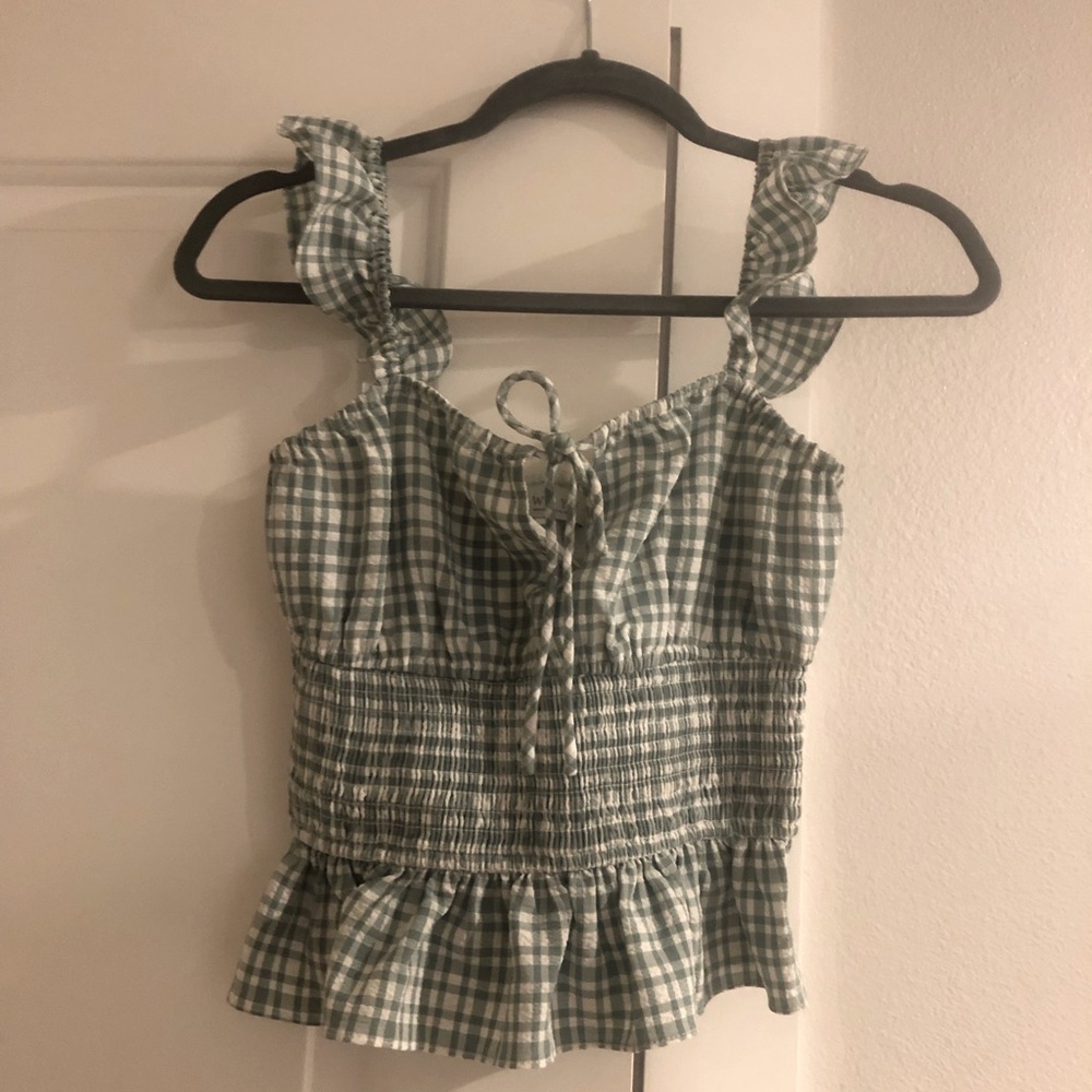 WAYF Checkered Print Cropped Blouse XS